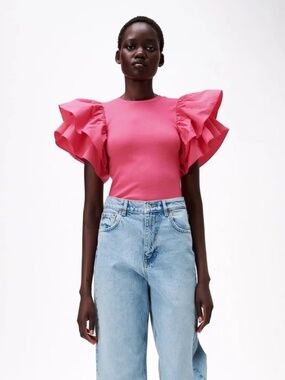 Zara Hot Pink Puff Sleeve Bodysuit